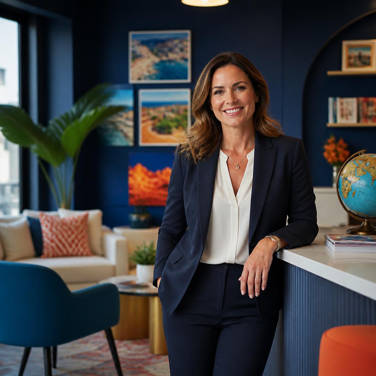 Travel agency owner in a colourful branded agency lobby