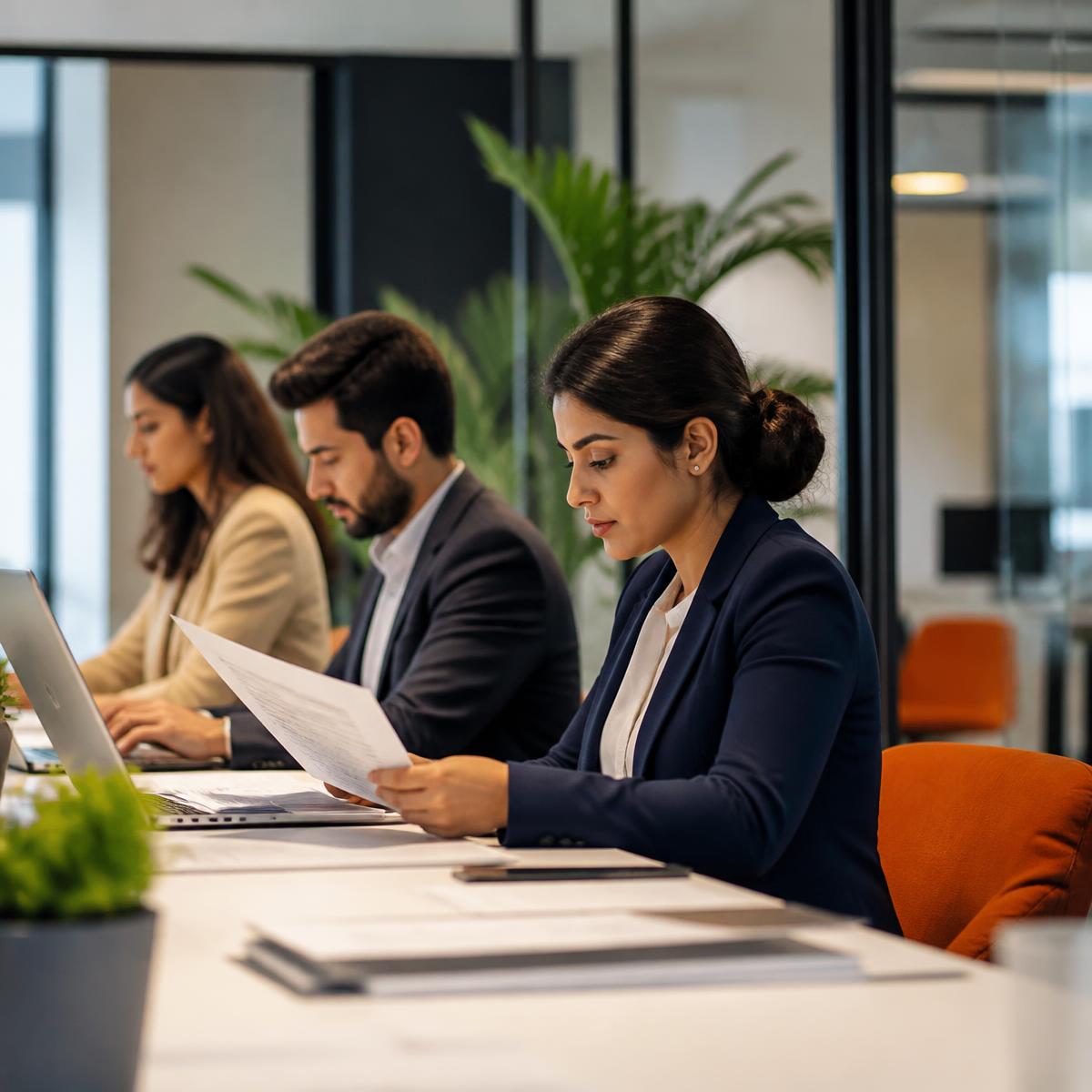 Visa case officers reviewing applicant documents in a modern office