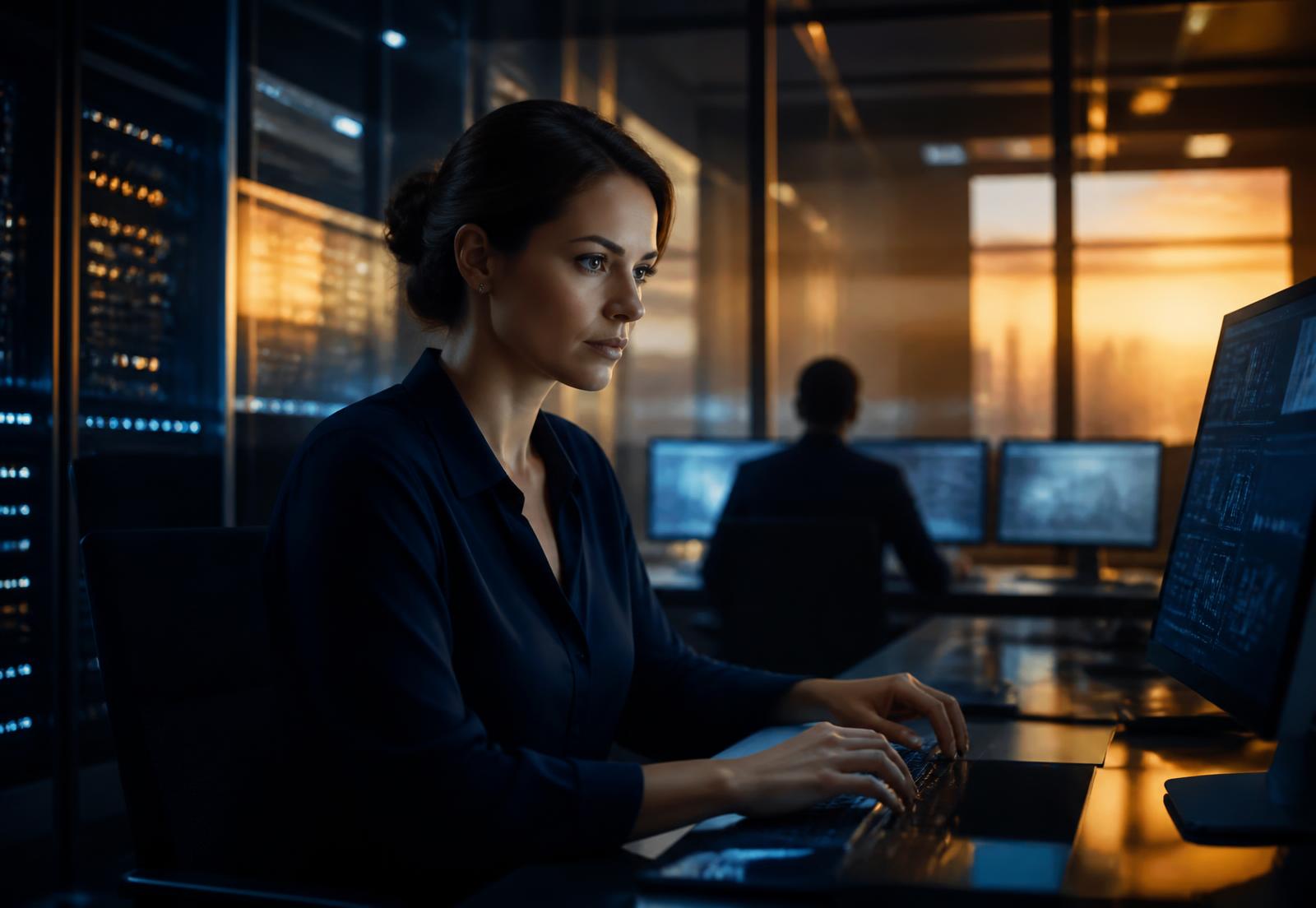 Visa operations team monitoring secure case dashboards at dusk